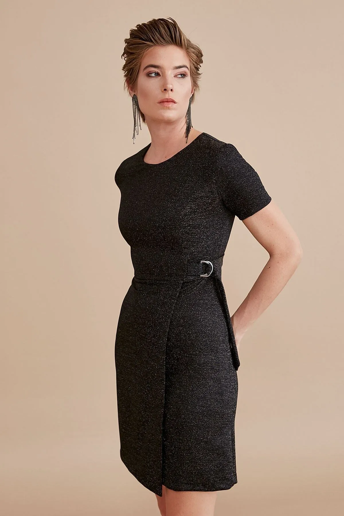 12866 Black Buckle Wrap Skirt Dress