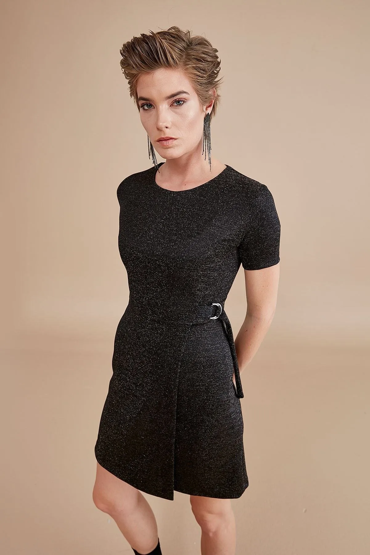 12866 Black Buckle Wrap Skirt Dress