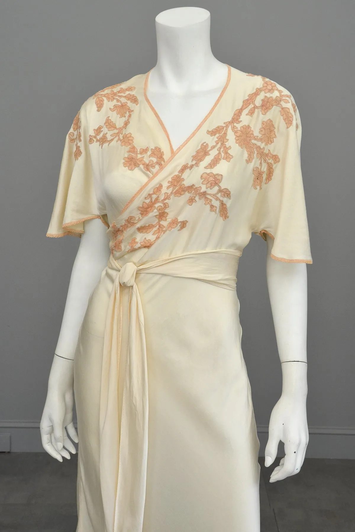 1930s Silk Embroidered Wrap Nightgown Dress w Kimono Style Flutter Sleeves