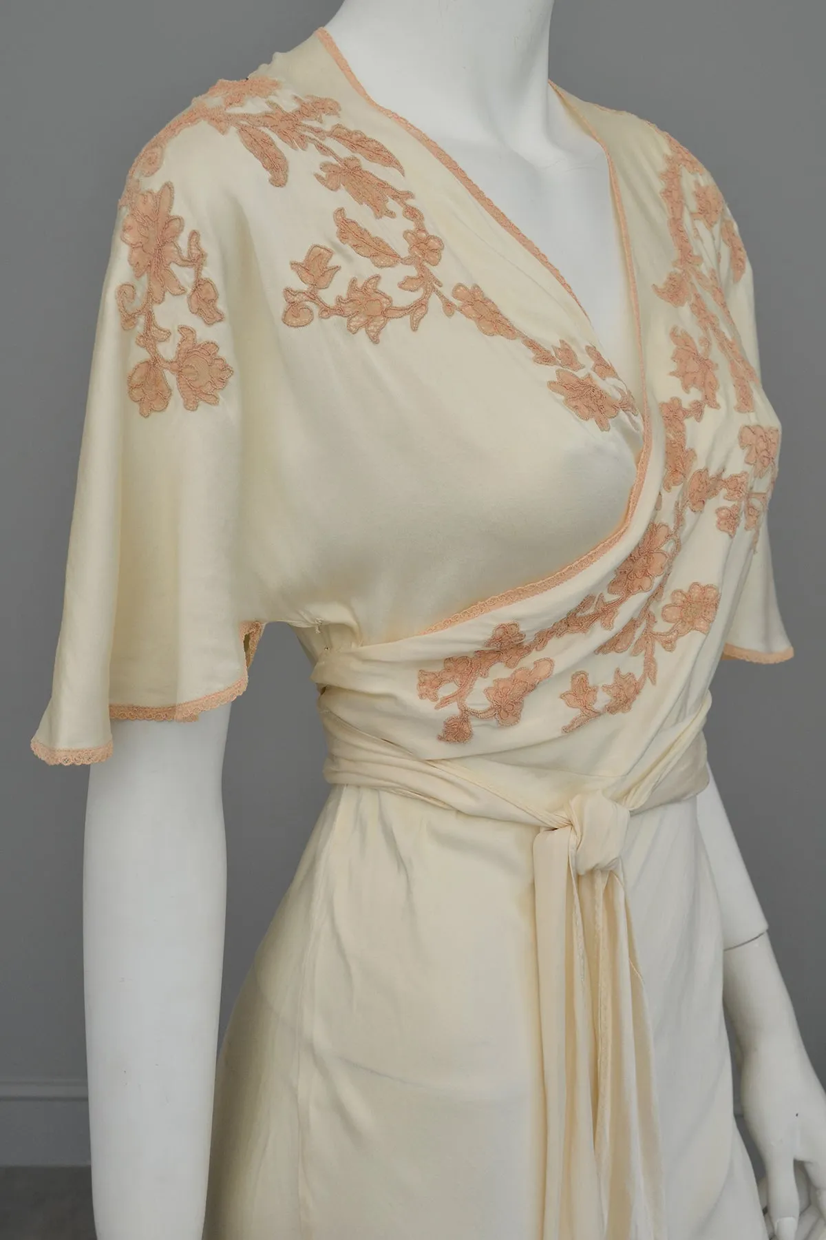 1930s Silk Embroidered Wrap Nightgown Dress w Kimono Style Flutter Sleeves