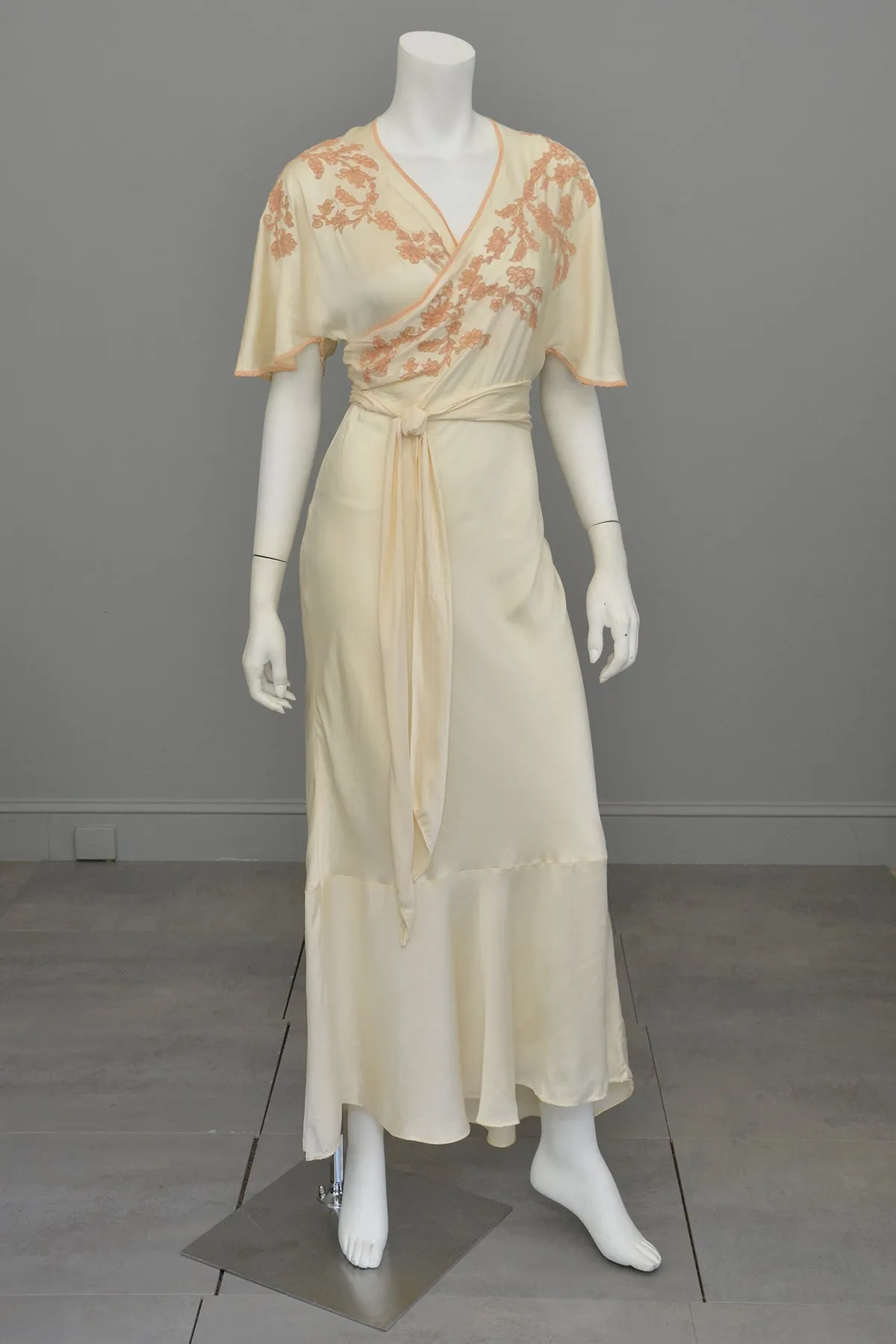 1930s Silk Embroidered Wrap Nightgown Dress w Kimono Style Flutter Sleeves