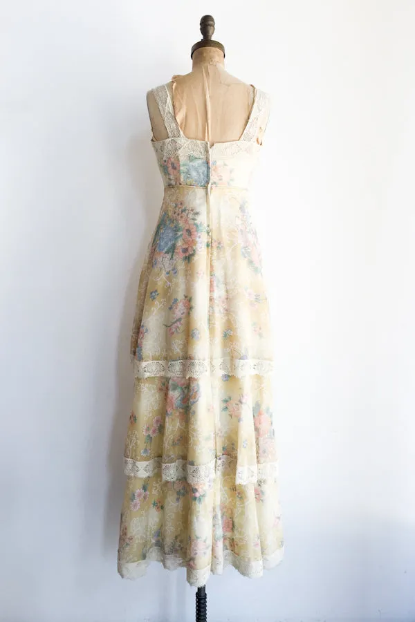 1970s Yellow Cotton Floral Maxi Dress - S