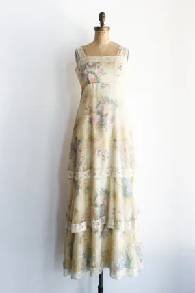 1970s Yellow Cotton Floral Maxi Dress - S