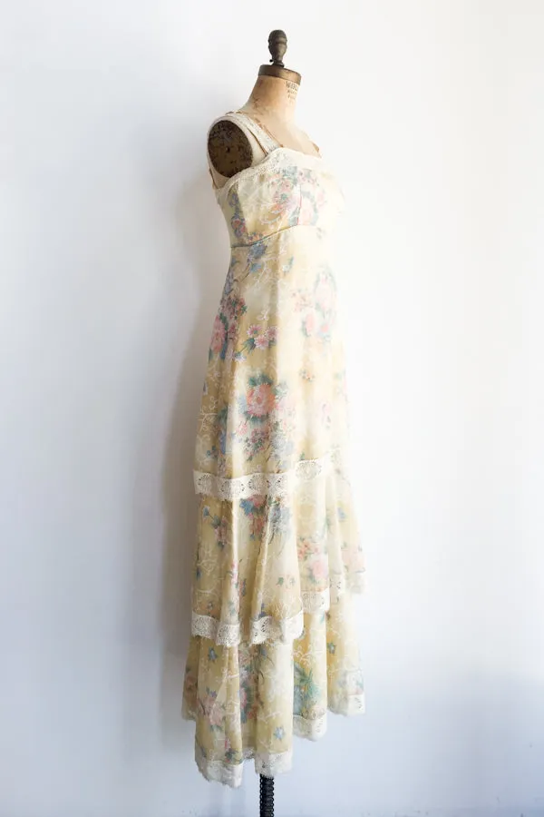 1970s Yellow Cotton Floral Maxi Dress - S