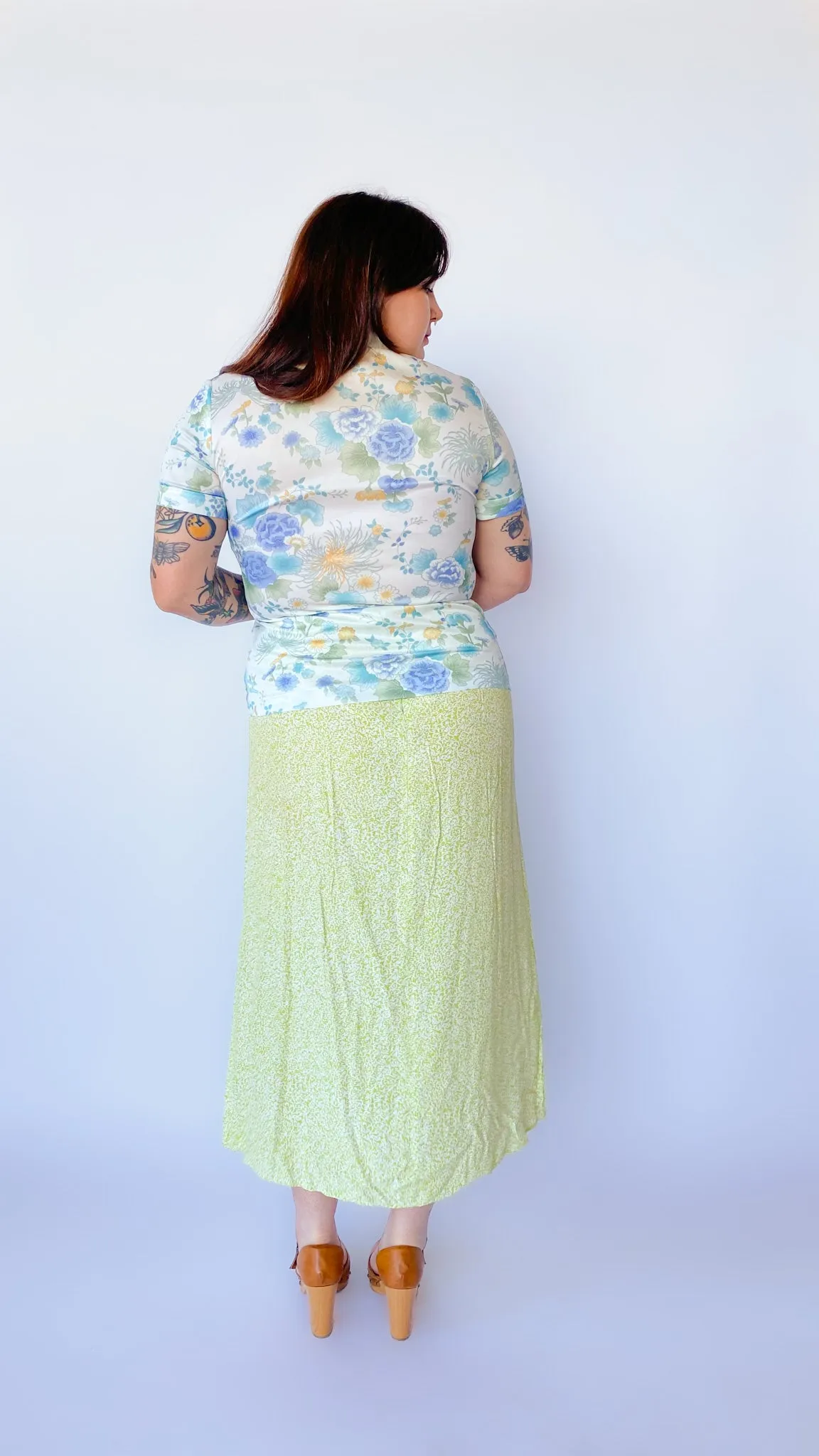 1990s Light Green Floral Maxi Skirt, sz. L