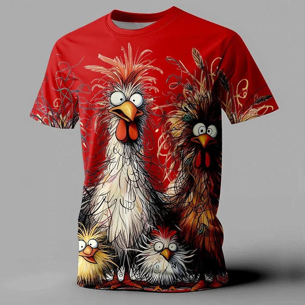 3xl-5xl Chicken Print Summer Casual Short Sleeve Tee.