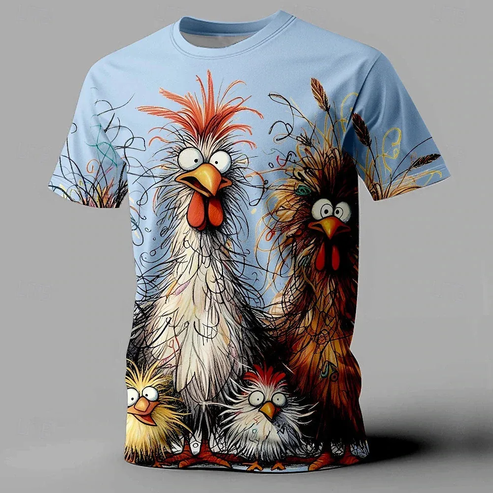 3xl-5xl Chicken Print Summer Casual Short Sleeve Tee.