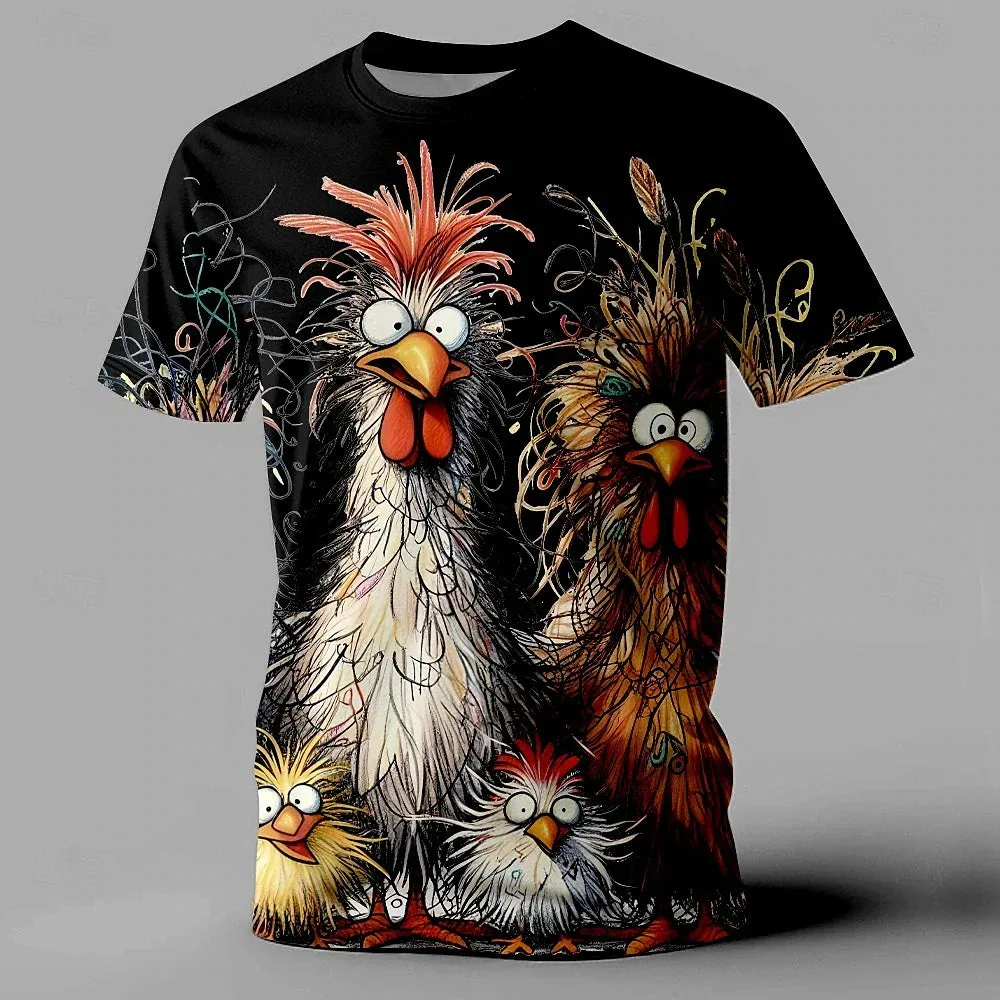 3xl-5xl Chicken Print Summer Casual Short Sleeve Tee.