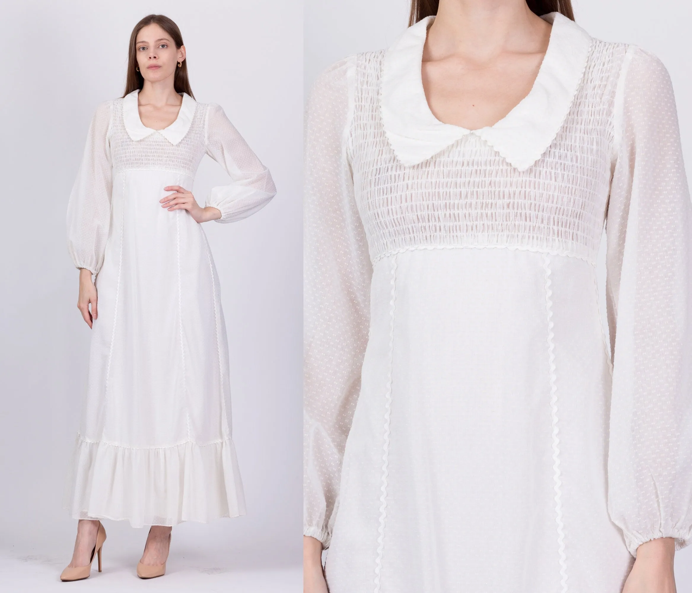 70s Candi Jones White Swiss Dot Maxi Dress - Extra Small