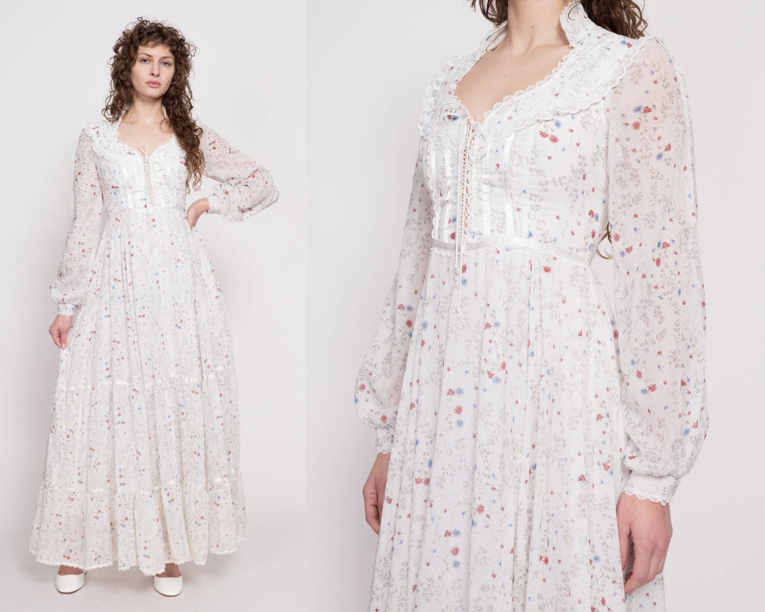 70s Gunne Sax White Wildflower Prairie Maxi Dress - XS to Small