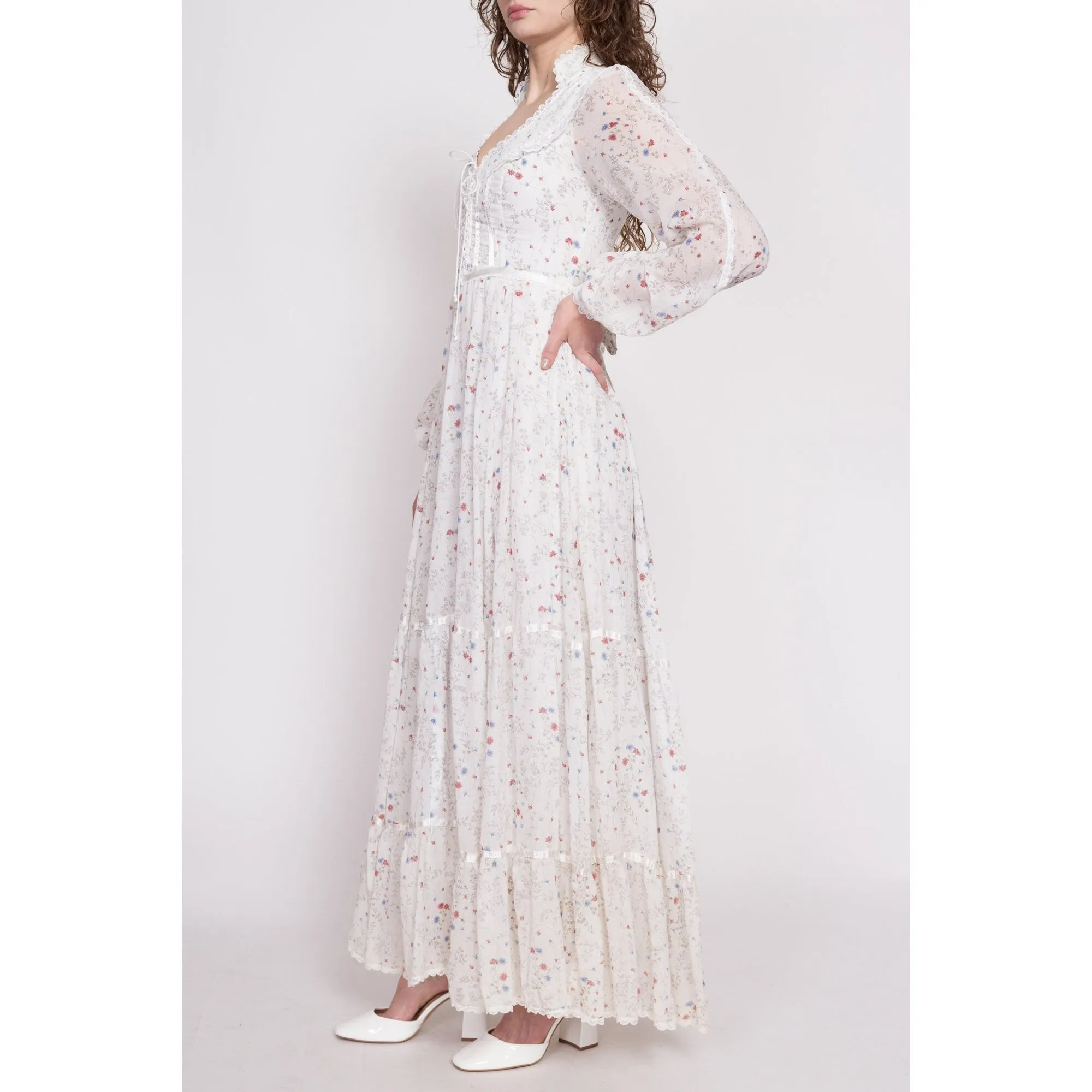 70s Gunne Sax White Wildflower Prairie Maxi Dress - XS to Small