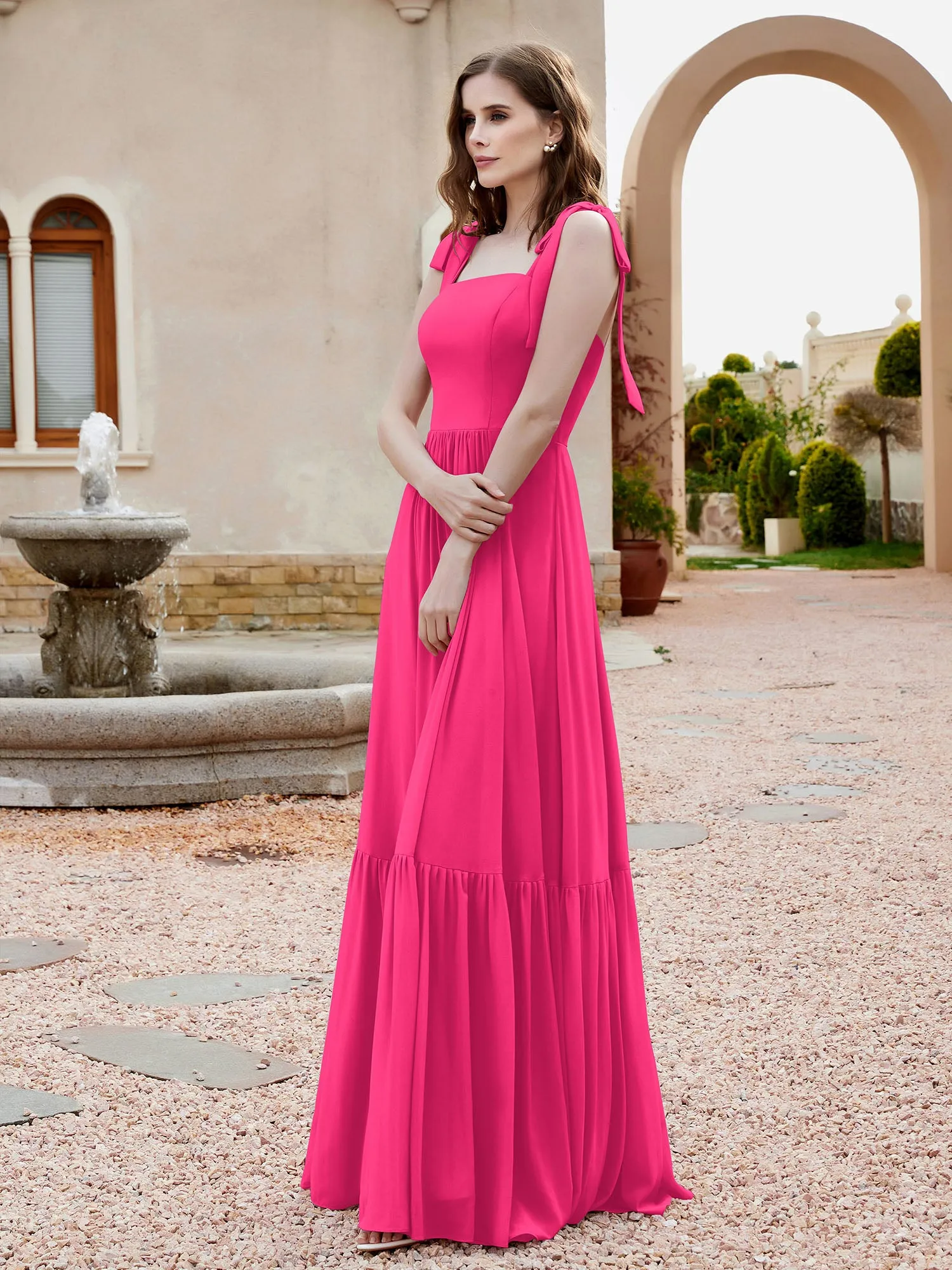 A-Line Bow Ruffle Sleeveless Chiffon Dress Fuchsia Plus Size