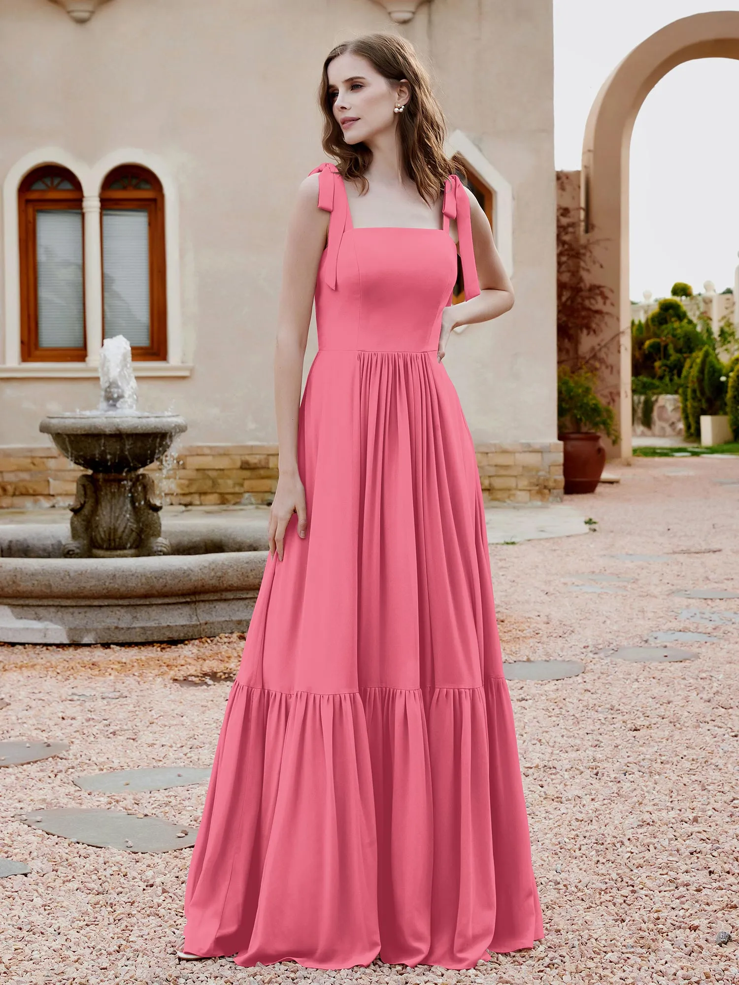 A-Line Bow Ruffle Sleeveless Chiffon Dress Watermelon Plus Size