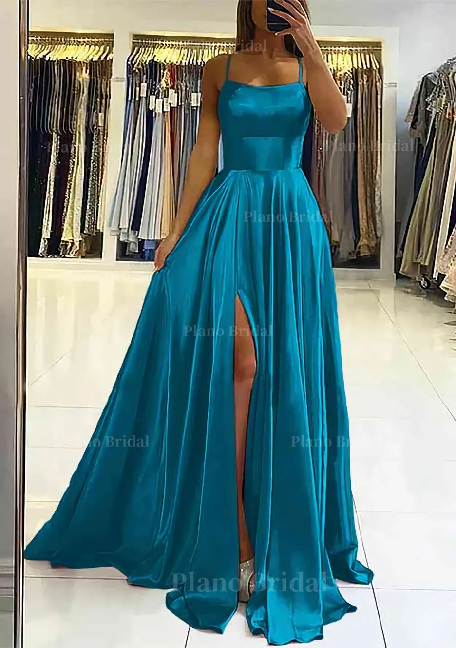 A-line Square Neckline Sleeveless Satin Sweep Train Prom Dress With Pleated