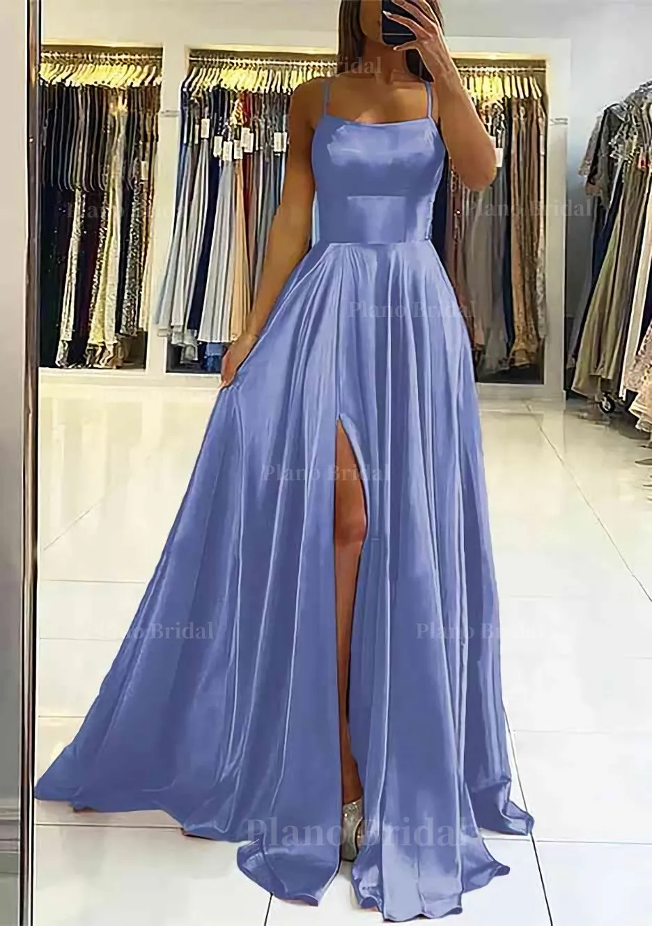 A-line Square Neckline Sleeveless Satin Sweep Train Prom Dress With Pleated