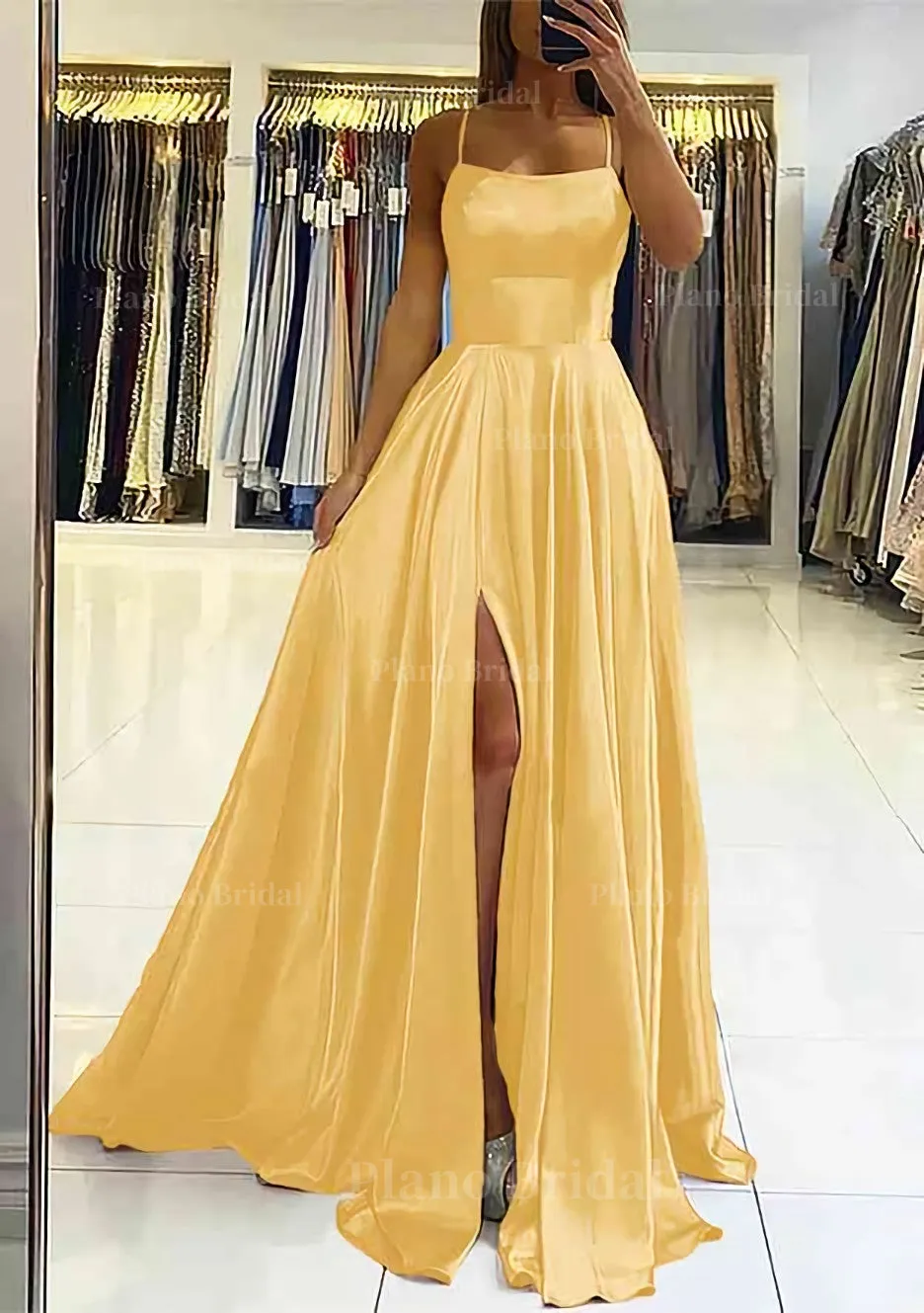 A-line Square Neckline Sleeveless Satin Sweep Train Prom Dress With Pleated