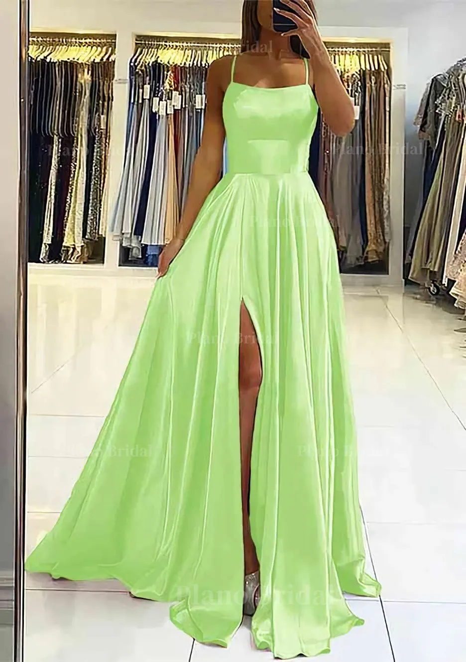 A-line Square Neckline Sleeveless Satin Sweep Train Prom Dress With Pleated