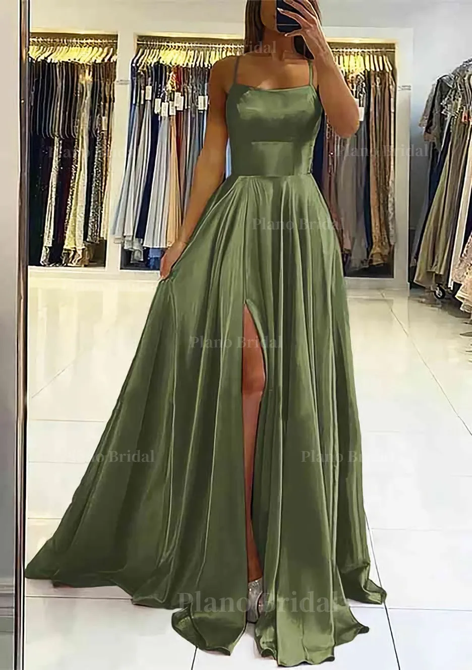 A-line Square Neckline Sleeveless Satin Sweep Train Prom Dress With Pleated