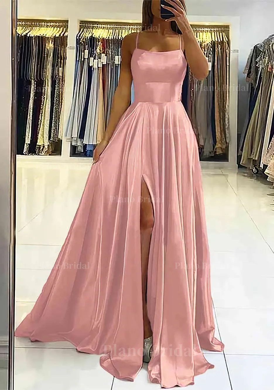 A-line Square Neckline Sleeveless Satin Sweep Train Prom Dress With Pleated