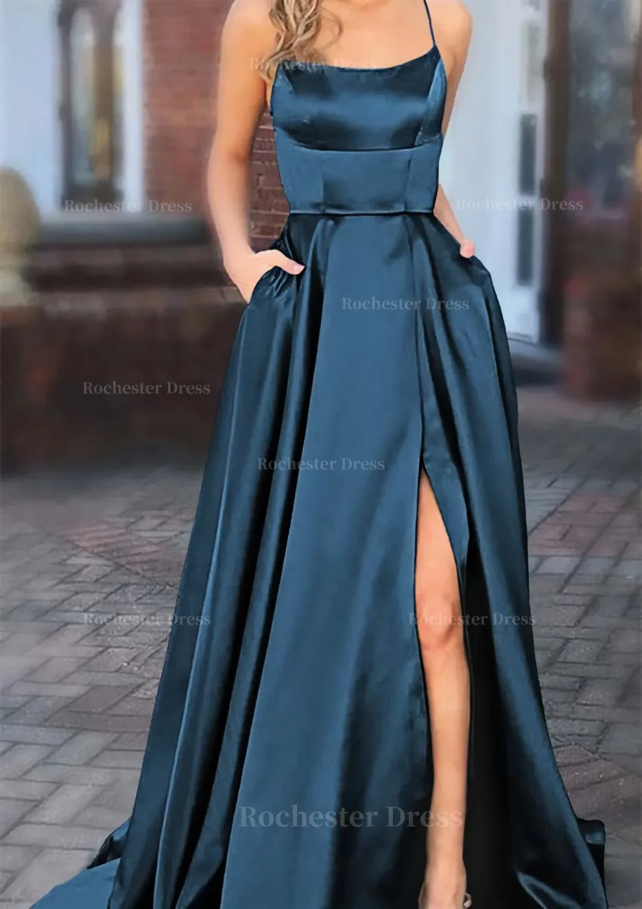 A-line Square Neckline Spaghetti Straps Sweep Train Charmeuse Prom Dress With Pockets Split