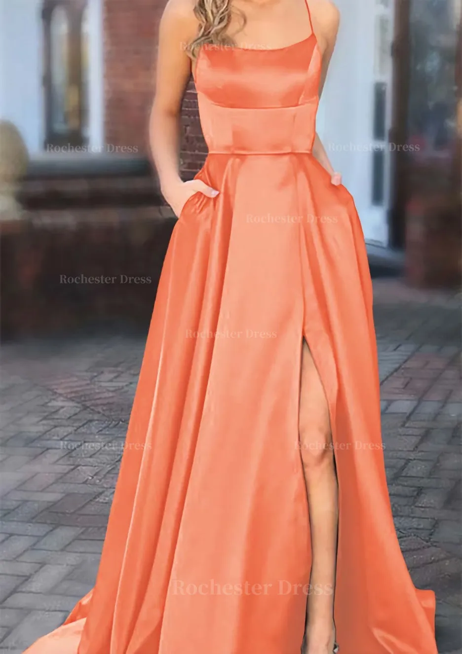 A-line Square Neckline Spaghetti Straps Sweep Train Charmeuse Prom Dress With Pockets Split