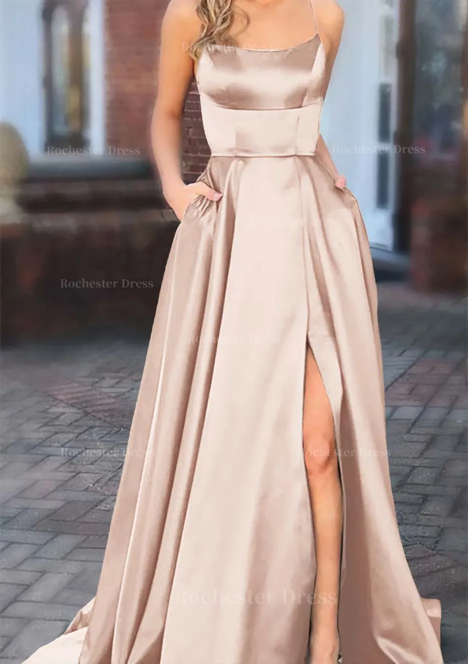 A-line Square Neckline Spaghetti Straps Sweep Train Charmeuse Prom Dress With Pockets Split