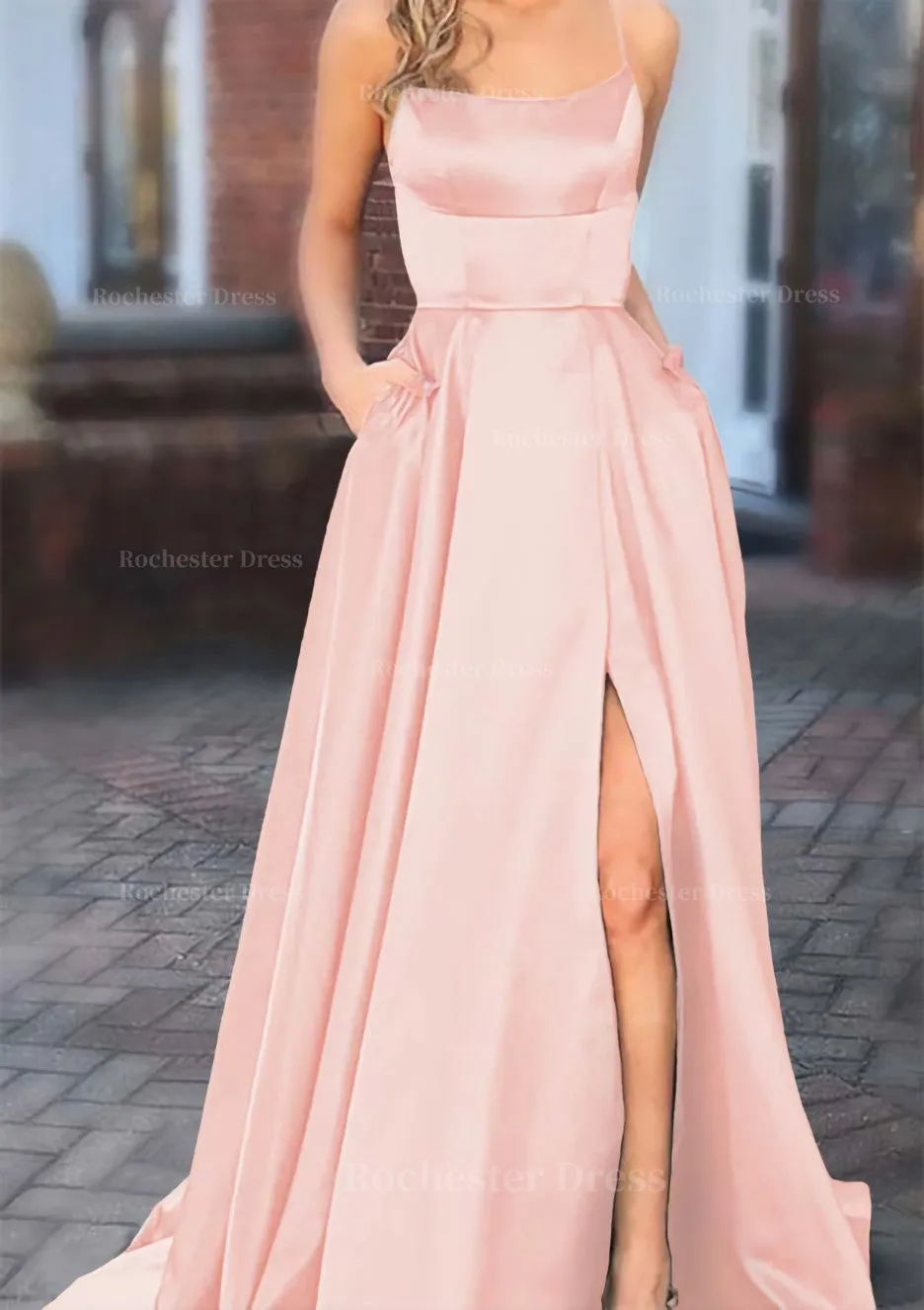 A-line Square Neckline Spaghetti Straps Sweep Train Charmeuse Prom Dress With Pockets Split