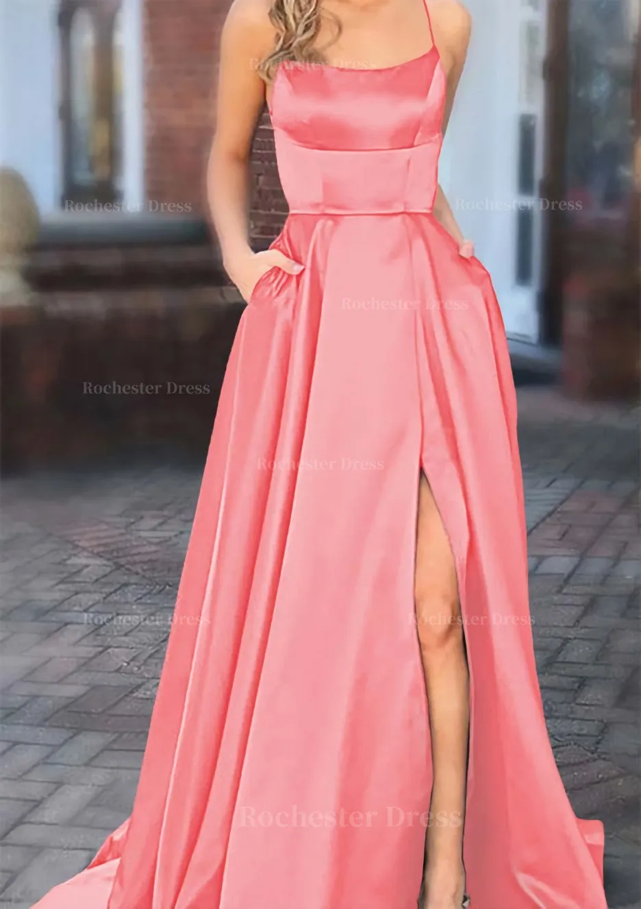 A-line Square Neckline Spaghetti Straps Sweep Train Charmeuse Prom Dress With Pockets Split