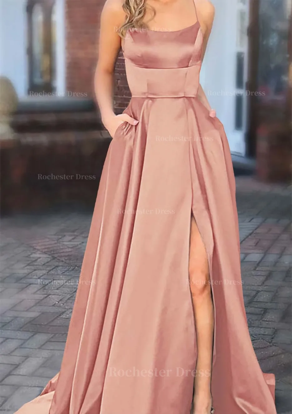 A-line Square Neckline Spaghetti Straps Sweep Train Charmeuse Prom Dress With Pockets Split