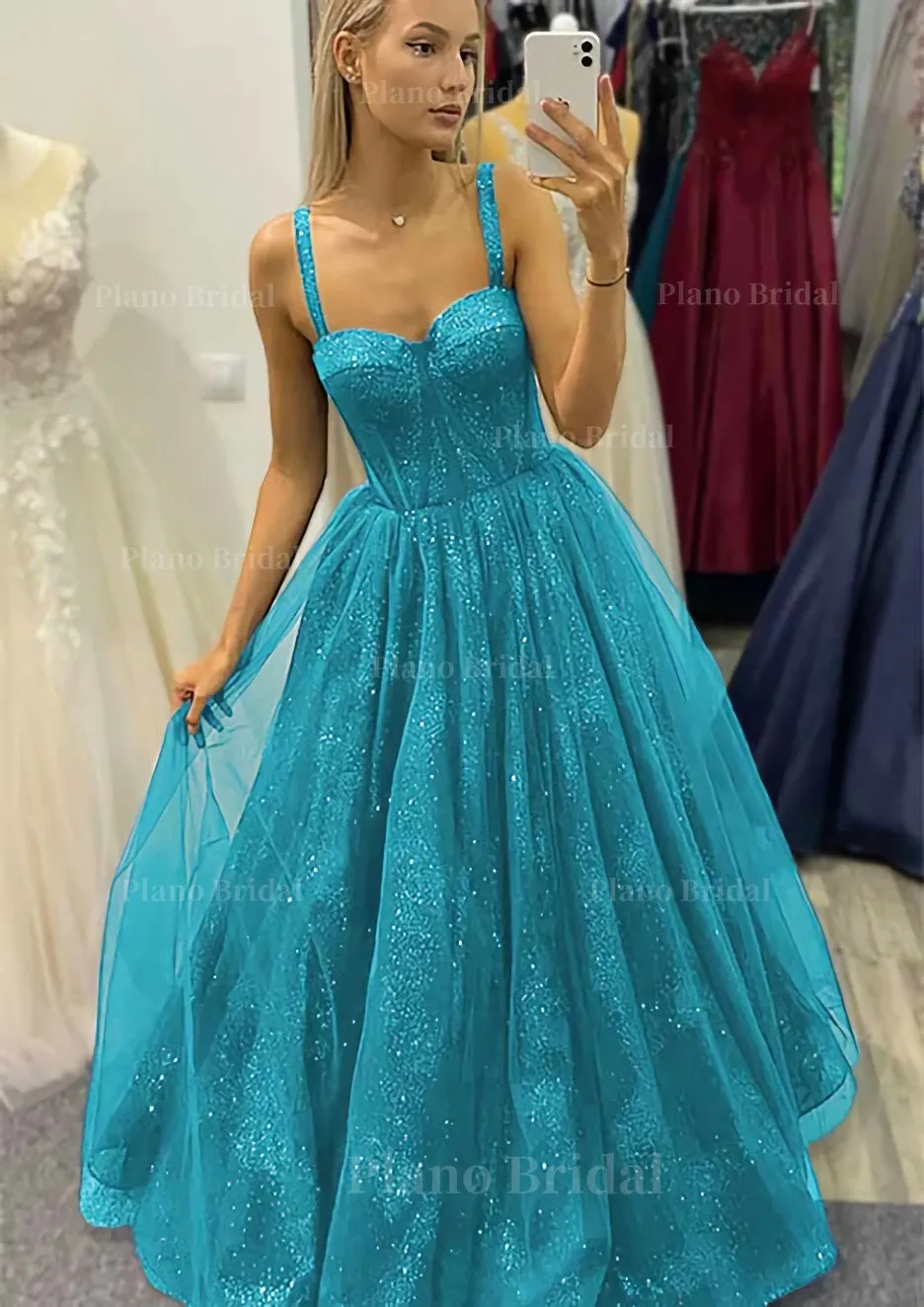 A-line Sweetheart Spaghetti Straps Long/Floor-Length Tulle Glitter Prom Dress