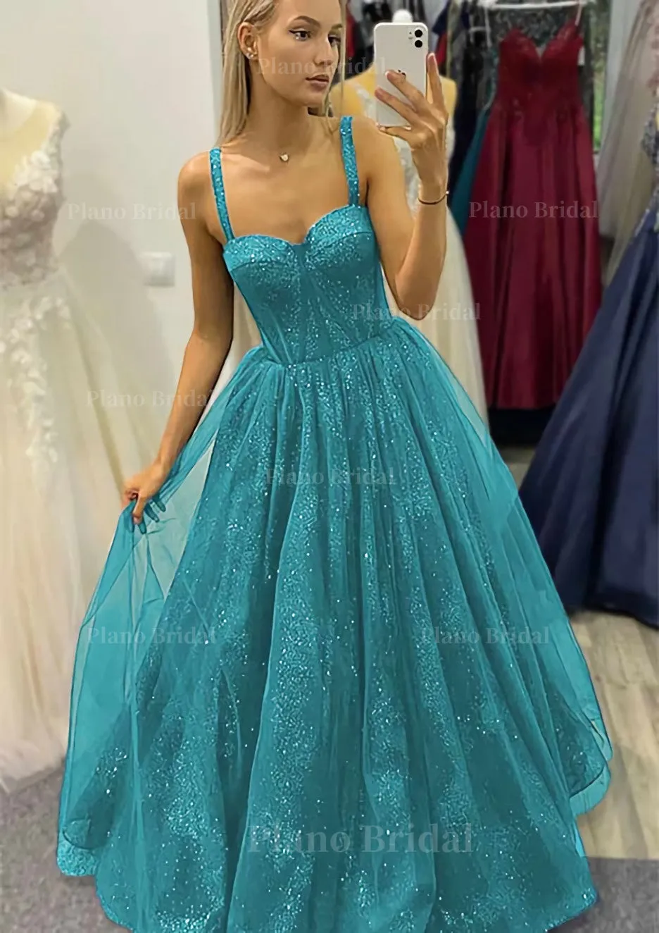 A-line Sweetheart Spaghetti Straps Long/Floor-Length Tulle Glitter Prom Dress