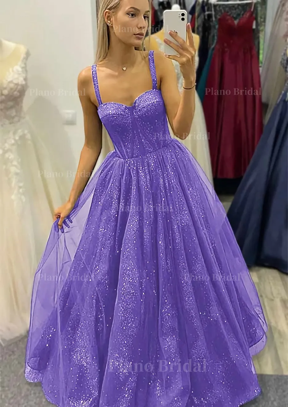 A-line Sweetheart Spaghetti Straps Long/Floor-Length Tulle Glitter Prom Dress