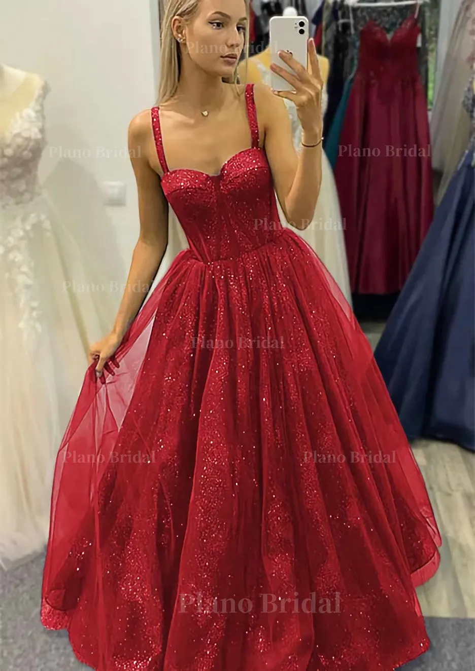 A-line Sweetheart Spaghetti Straps Long/Floor-Length Tulle Glitter Prom Dress