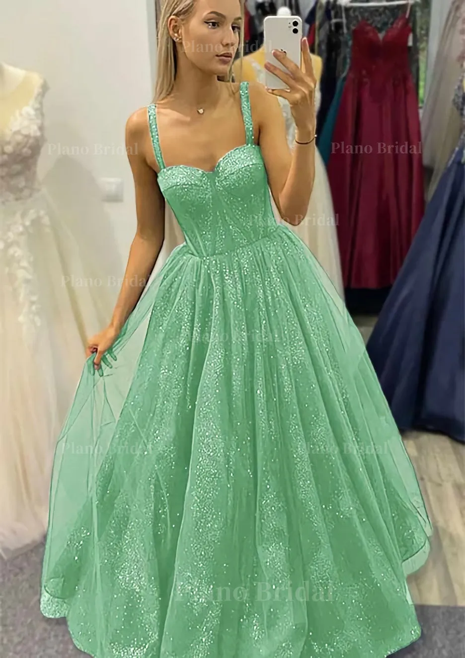 A-line Sweetheart Spaghetti Straps Long/Floor-Length Tulle Glitter Prom Dress