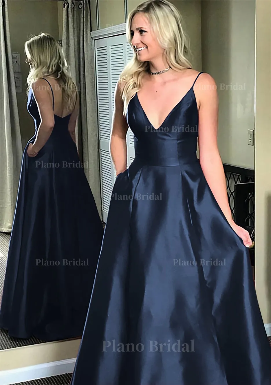 A-line/Princess V Neck Sleeveless Sweep Train Satin Prom Dresses