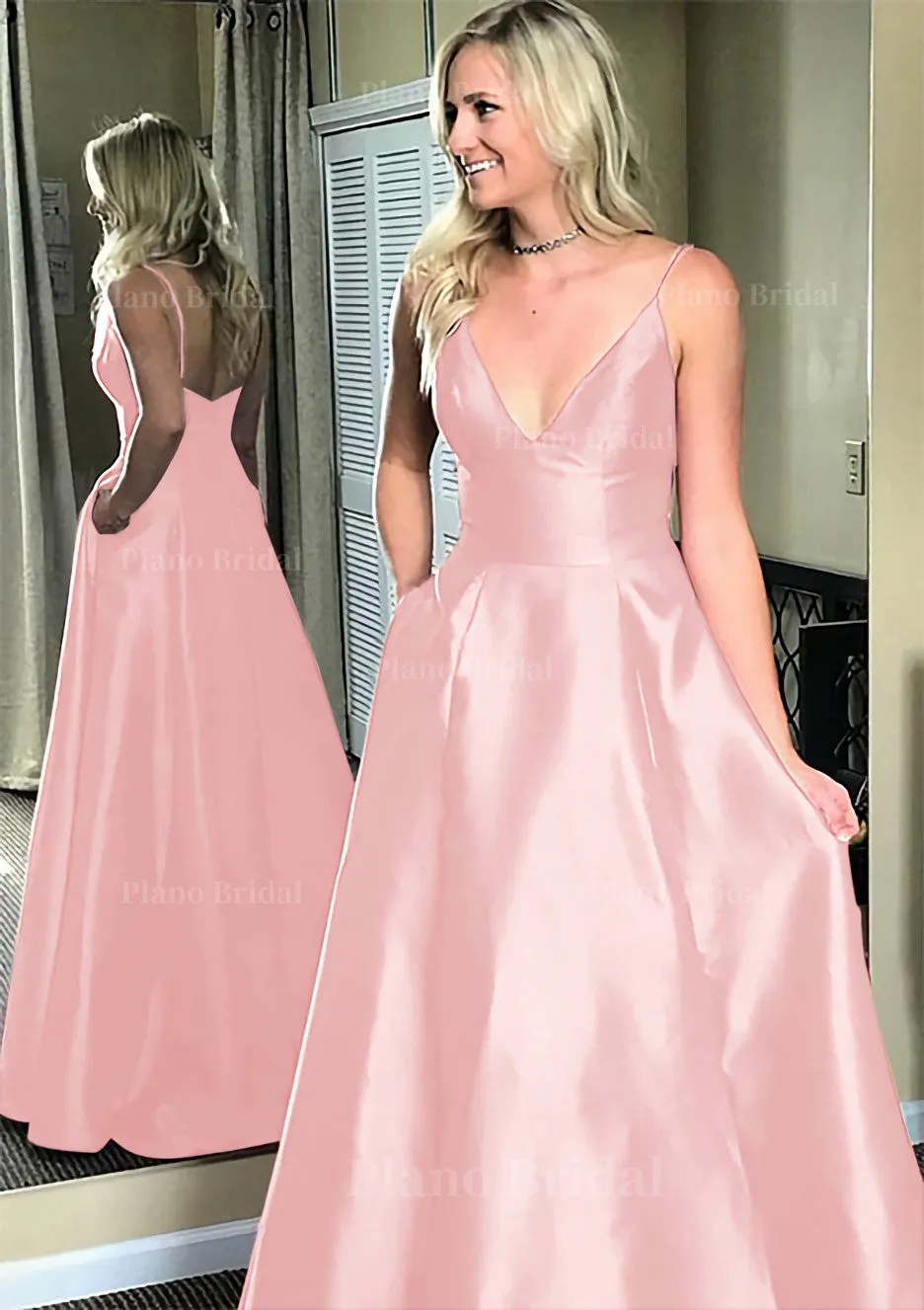 A-line/Princess V Neck Sleeveless Sweep Train Satin Prom Dresses