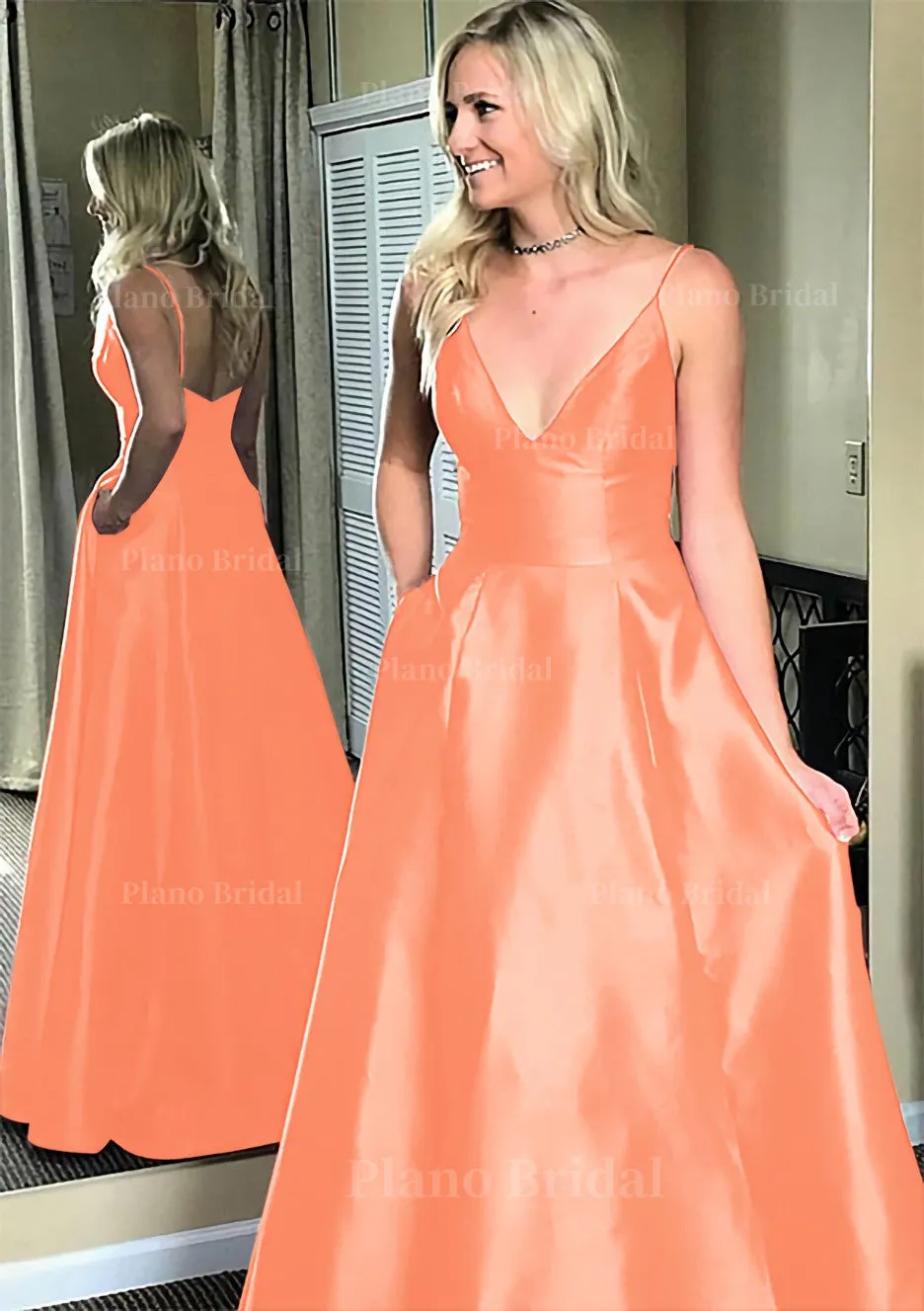 A-line/Princess V Neck Sleeveless Sweep Train Satin Prom Dresses