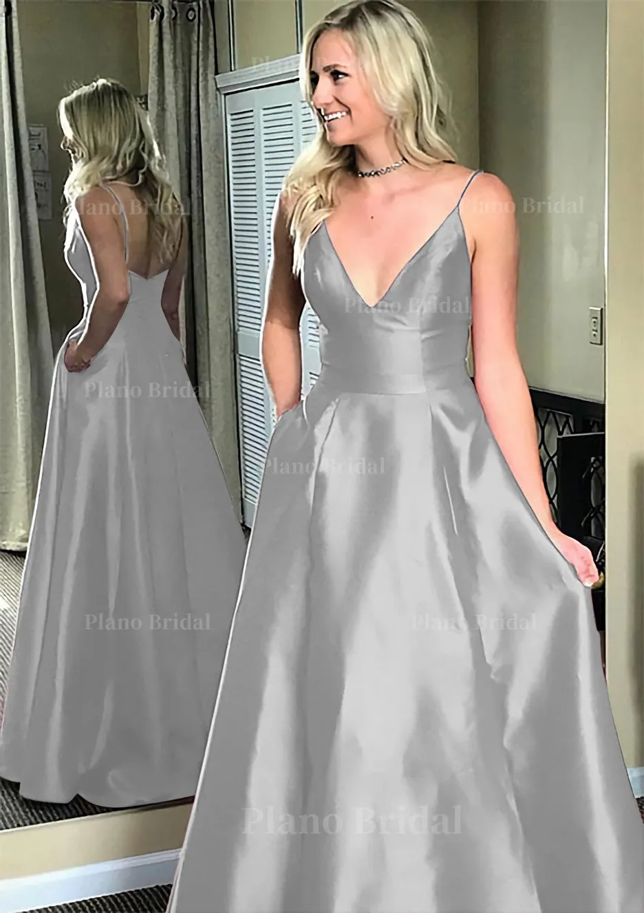 A-line/Princess V Neck Sleeveless Sweep Train Satin Prom Dresses