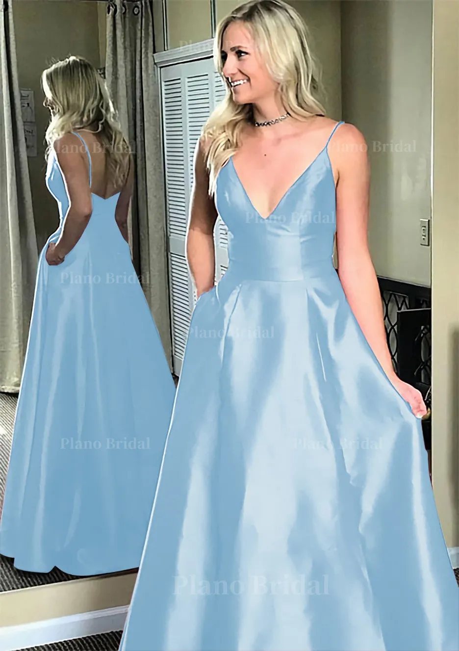 A-line/Princess V Neck Sleeveless Sweep Train Satin Prom Dresses