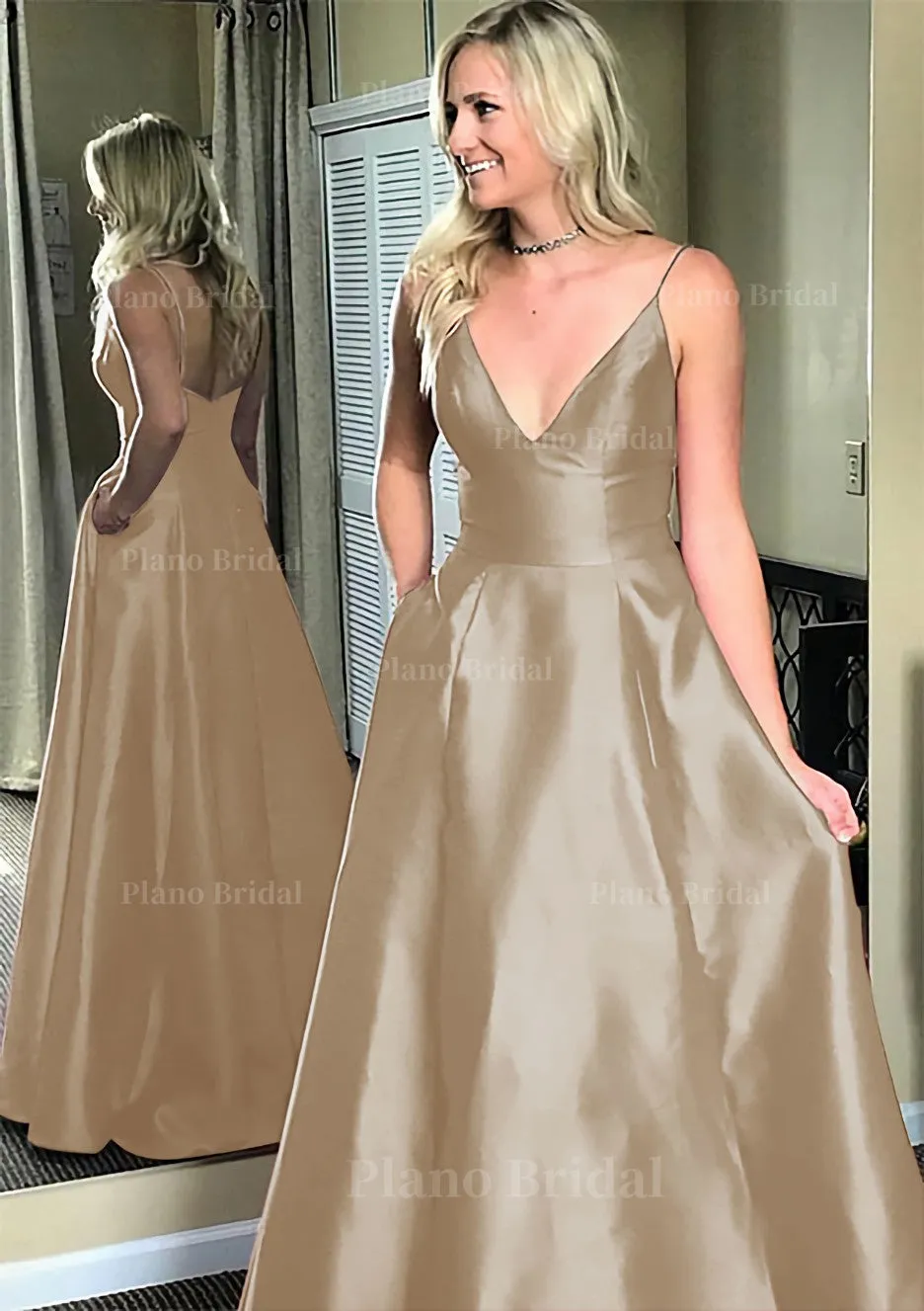 A-line/Princess V Neck Sleeveless Sweep Train Satin Prom Dresses