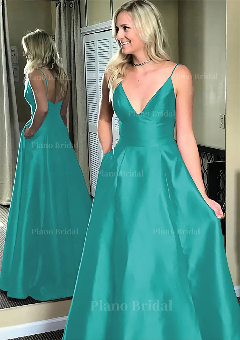 A-line/Princess V Neck Sleeveless Sweep Train Satin Prom Dresses