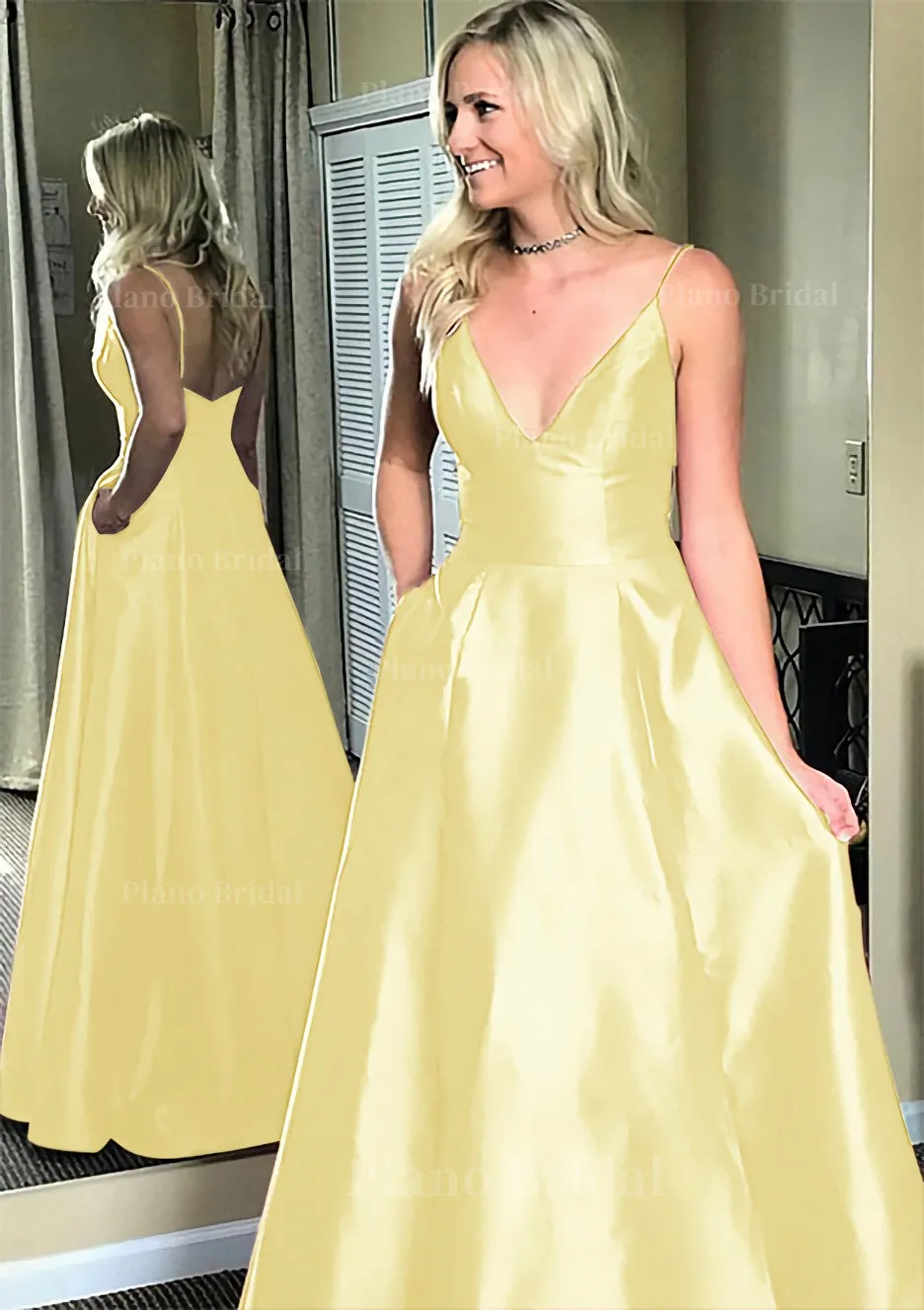 A-line/Princess V Neck Sleeveless Sweep Train Satin Prom Dresses