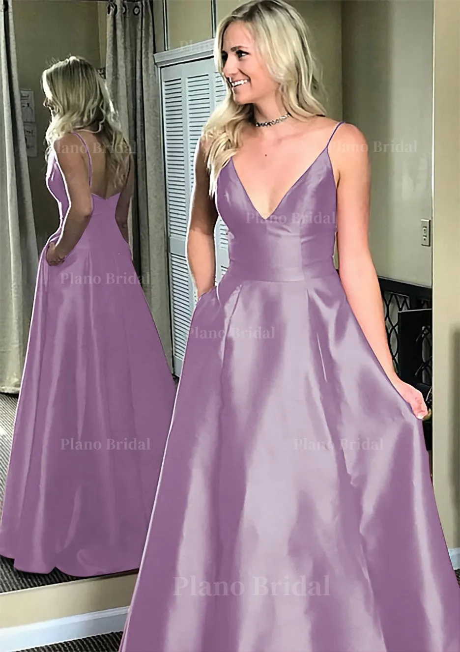 A-line/Princess V Neck Sleeveless Sweep Train Satin Prom Dresses