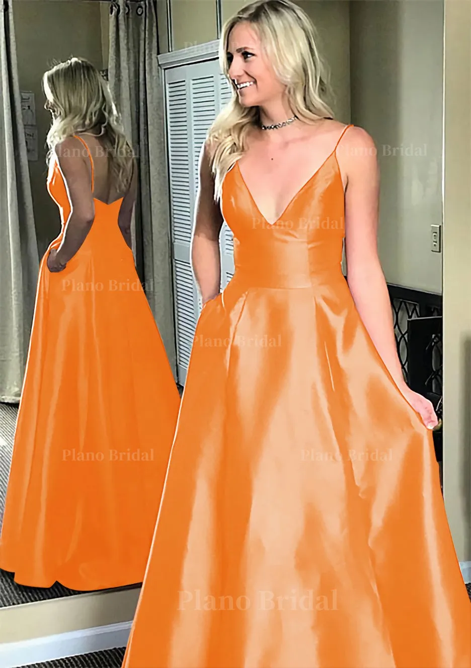 A-line/Princess V Neck Sleeveless Sweep Train Satin Prom Dresses