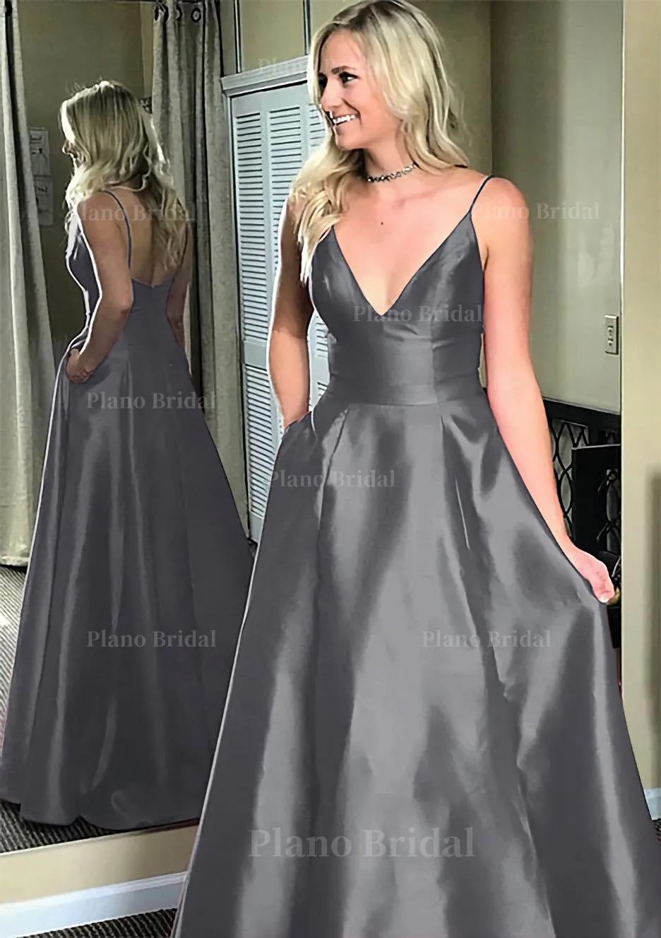 A-line/Princess V Neck Sleeveless Sweep Train Satin Prom Dresses