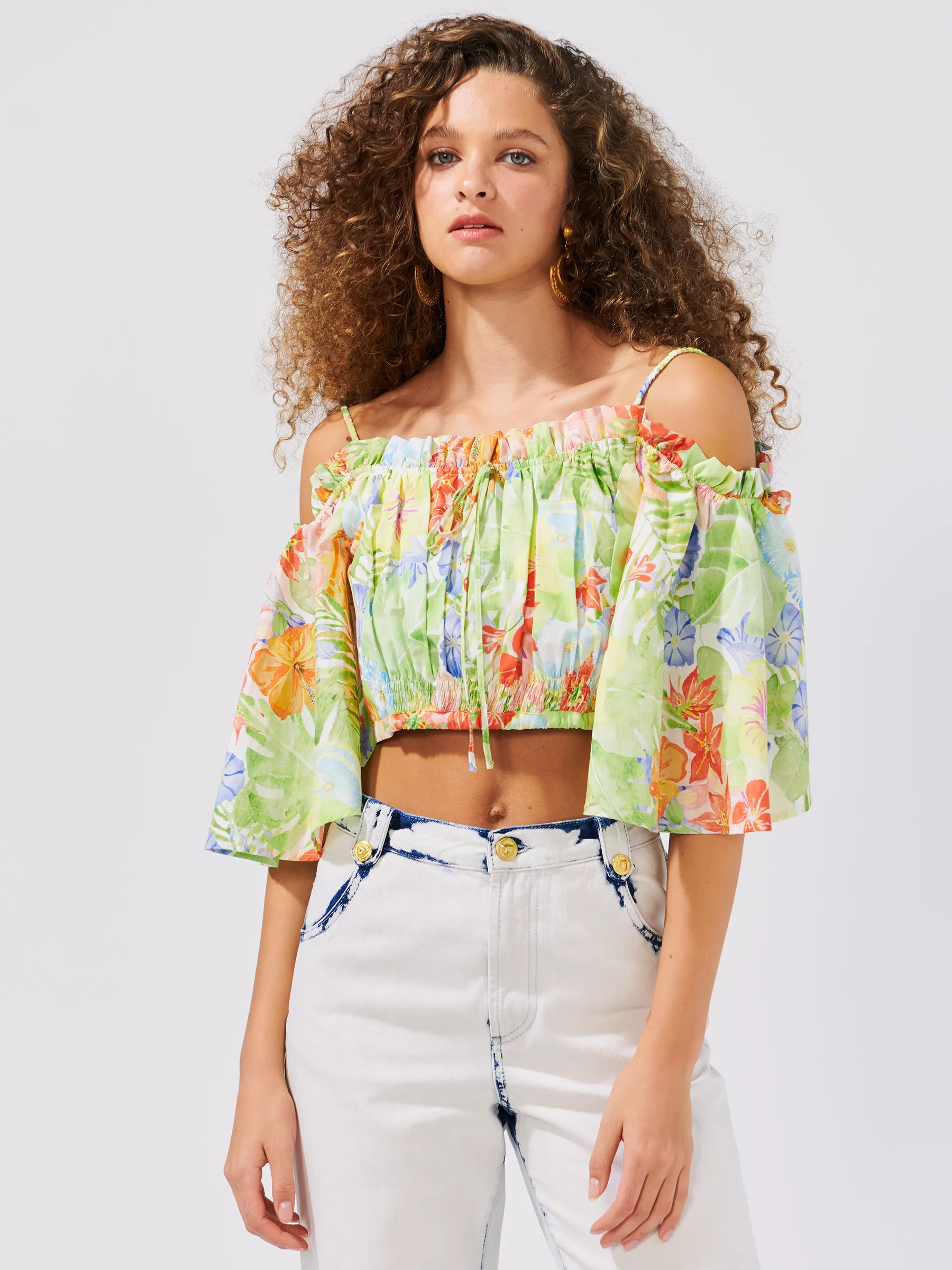 Abundant Blooms Organic Cotton Gathered Crop Top White