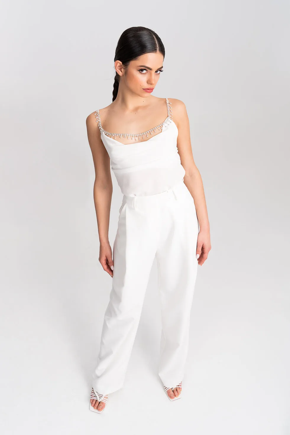 'Allegra' Crystal-Embellished White Silk Tank-Top