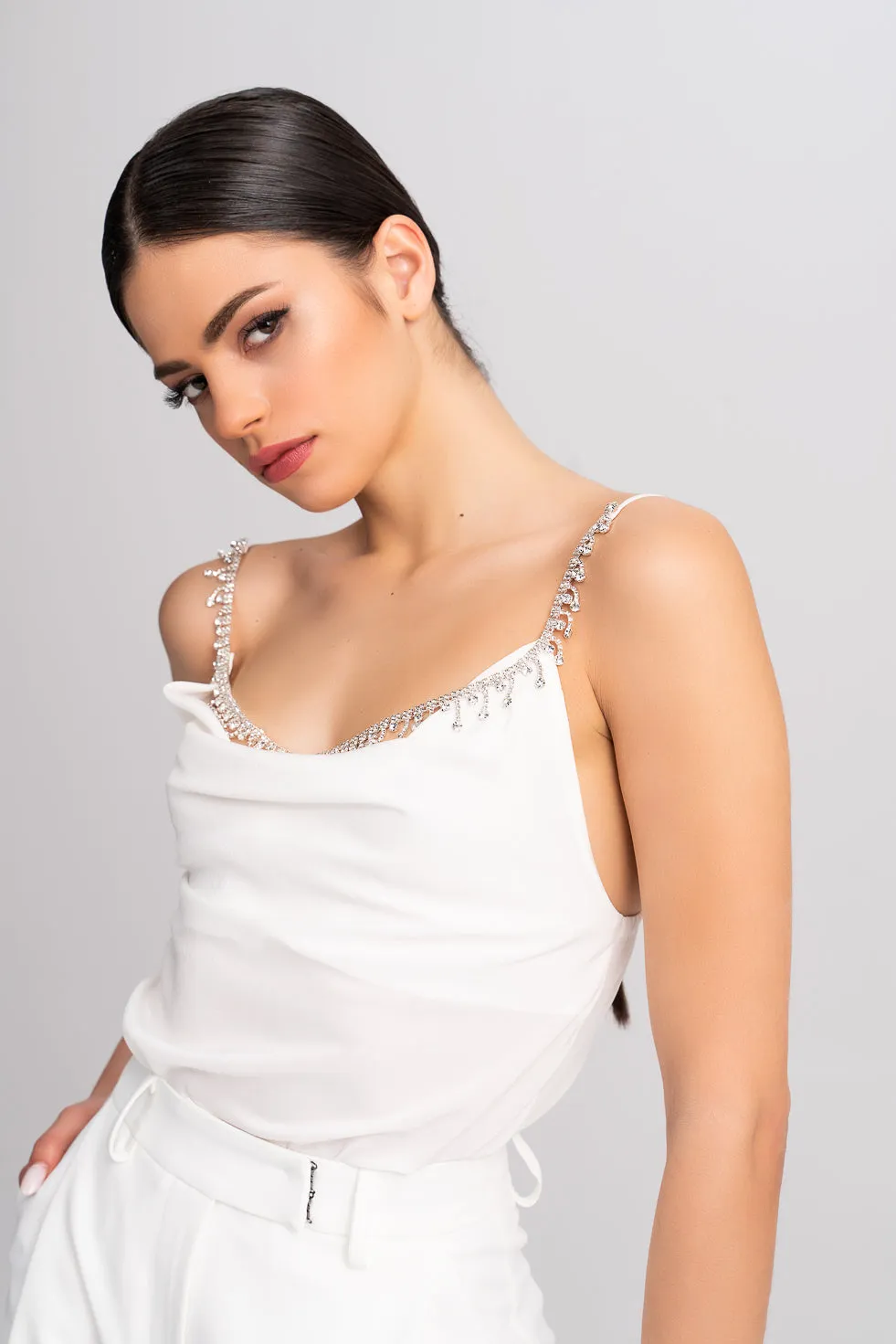 'Allegra' Crystal-Embellished White Silk Tank-Top