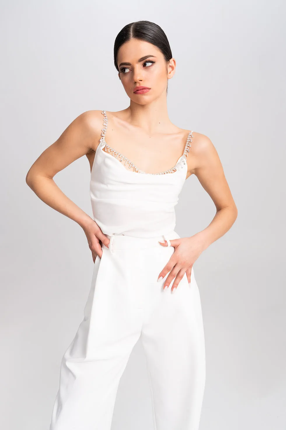 'Allegra' Crystal-Embellished White Silk Tank-Top