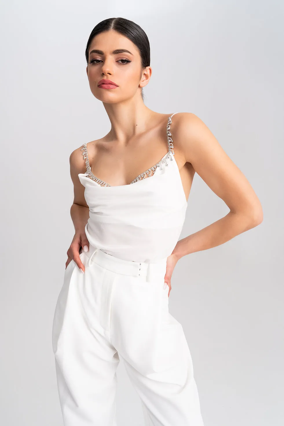 'Allegra' Crystal-Embellished White Silk Tank-Top